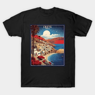 Crete Beach Greece Starry Night Tourism Vintage Poster T-Shirt